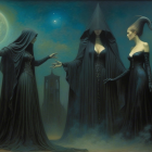 Mysterious Figures in Twilight Landscape with Gothic Elements