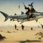 Wizard Riding Giant Shark in Surreal Desert Landscape