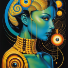 Surreal Portrait of Woman with Blue Skin and Gold Patterns
