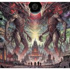 Giant skeletal figures in a gothic apocalyptic city