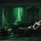 Elegant Woman in Dark Green Velvet Room Setting