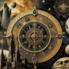 Cosmic Scene with Astrological Wheel and Gothic Elements