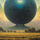 Surreal Landscape with Dark Blue Orb and Golden Field