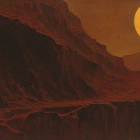 Surreal Landscape with Cloaked Figure and Luminous Sun