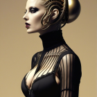 Futuristic figure with mechanical hairstyle and black outfit