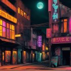 Vibrant Neon Alleyway at Night with Full Moon
