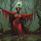 Enchanted forest figure in red gown and headdress