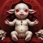 Pale-skinned baby with red eyes on velvet cushion