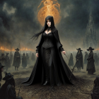 Woman in black dress with fire orb, surrounded by figures in hats in dark landscape