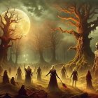 Nighttime Fantastical Forest with Luminous Moon and Figures
