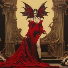 Red Gown with Bat Wings in Ornate Architecture Scene