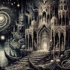 Gothic castle in a dark, eerie landscape with galaxy