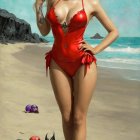 Bold Red Swimsuit and Colorful Skulls on Beach