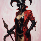 Female Figure in Red Trench Coat with Mask and Scythe