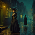 Victorian Street Scene with Woman and Gas Lamps