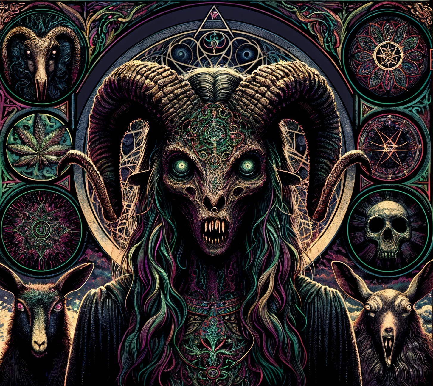 Mystical Figure with Ram Horns and Geometric Patterns