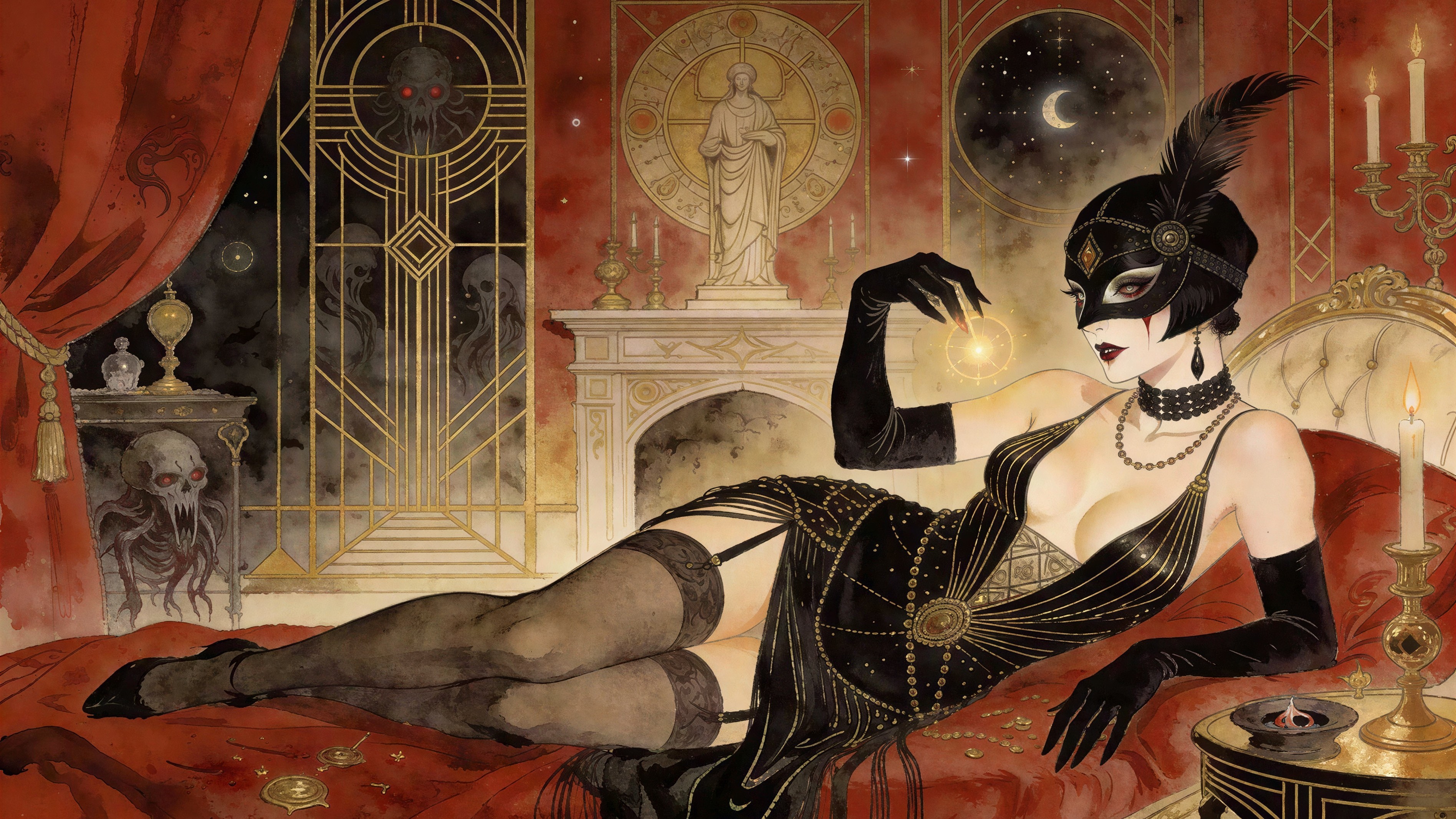 Atmospheric Art Deco Watercolour of Masked Woman