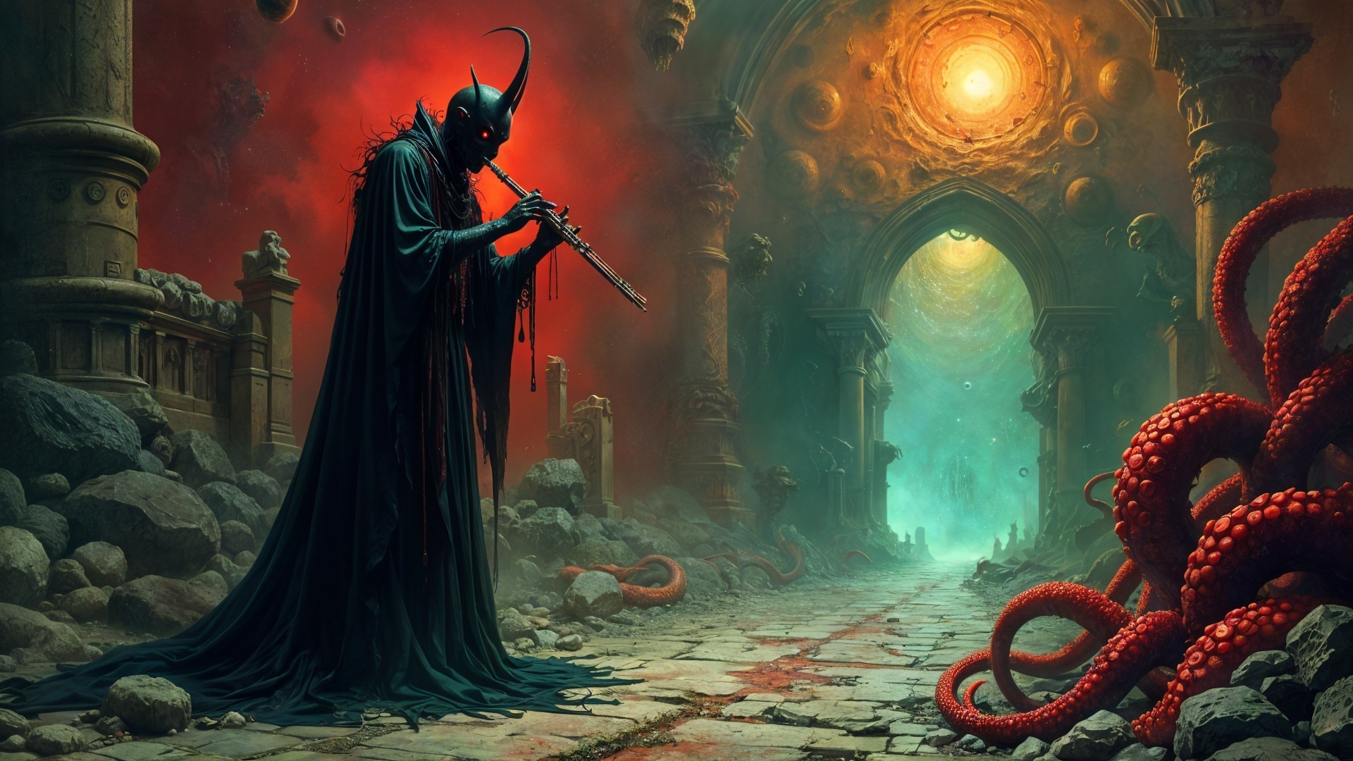 Surreal Landscape with Cloaked Figure Playing Flute
