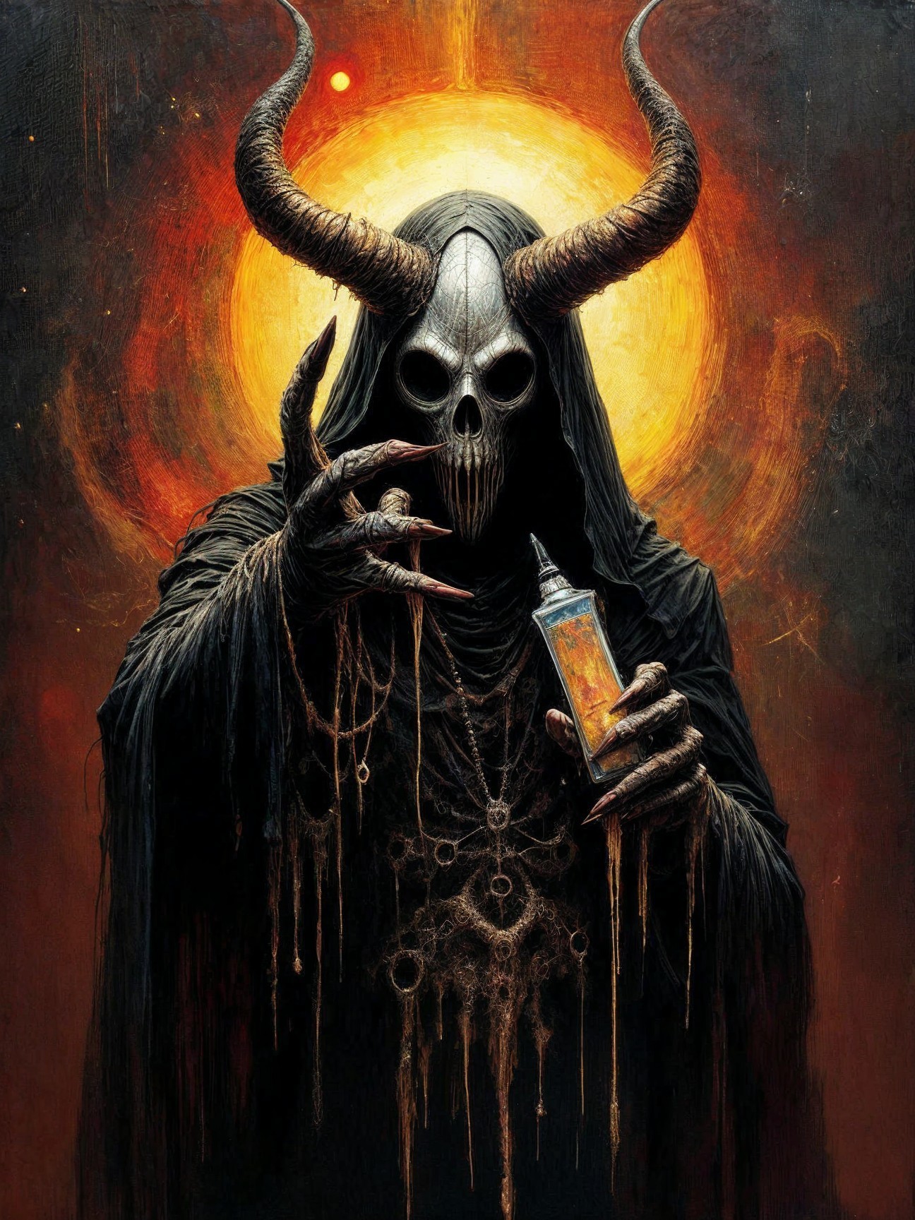 Ominous Cloaked Figure Against Fiery Sun Background