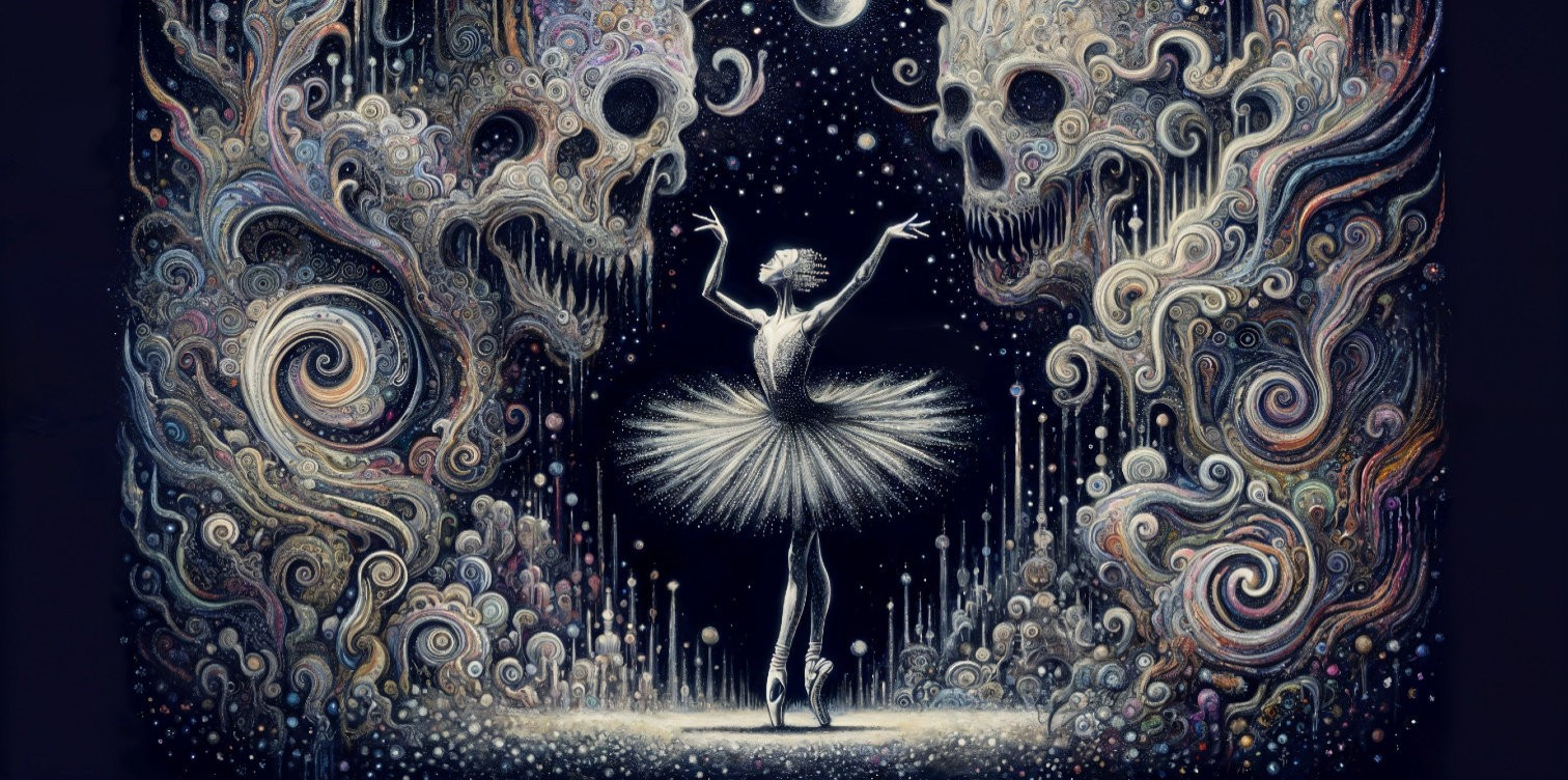Surreal Ballerina Surrounded by Cosmic Skull Patterns