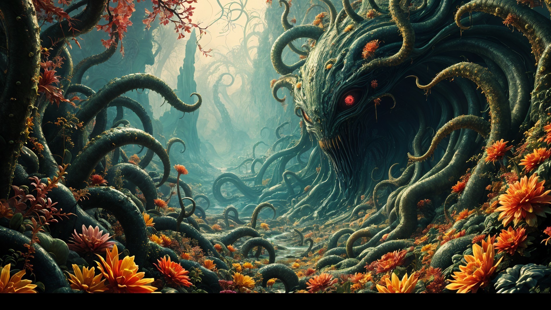 Dark Enchanting Forest with Menacing Creature and Flora