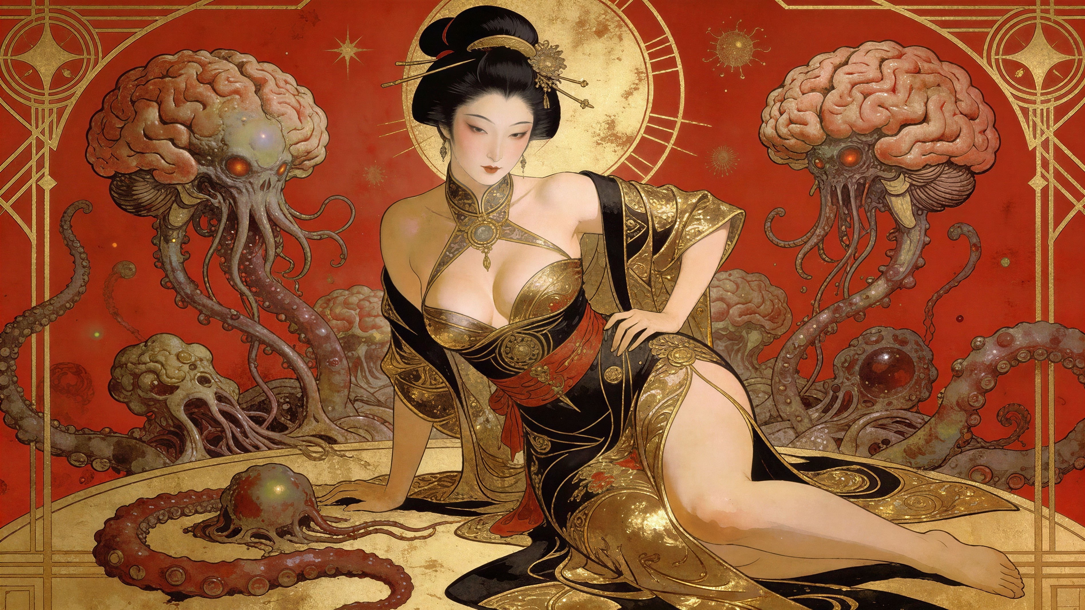 Art Deco Illustration of Japanese Woman and Creatures