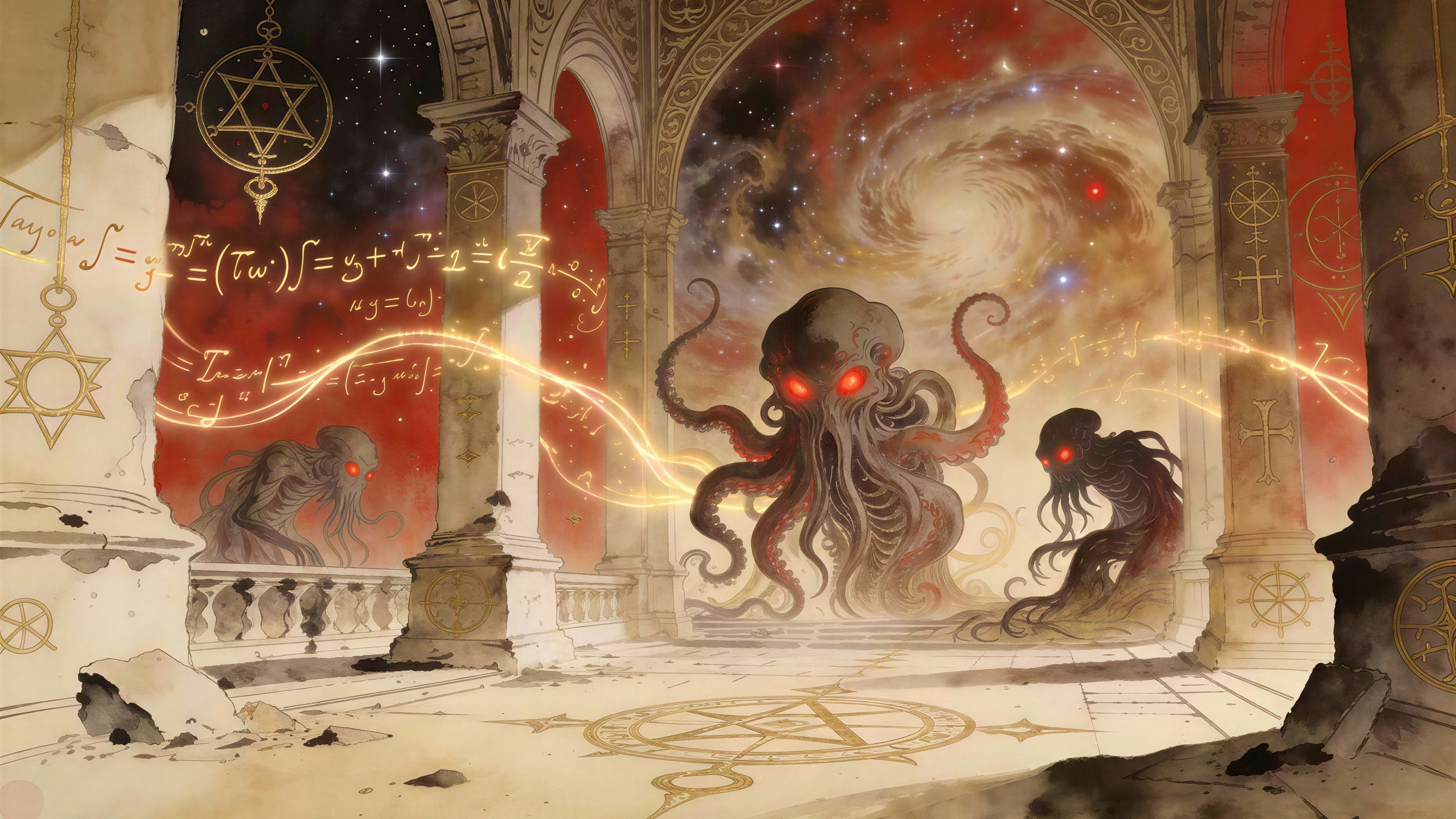 Hyper-detailed digital painting of ancient cosmic temple