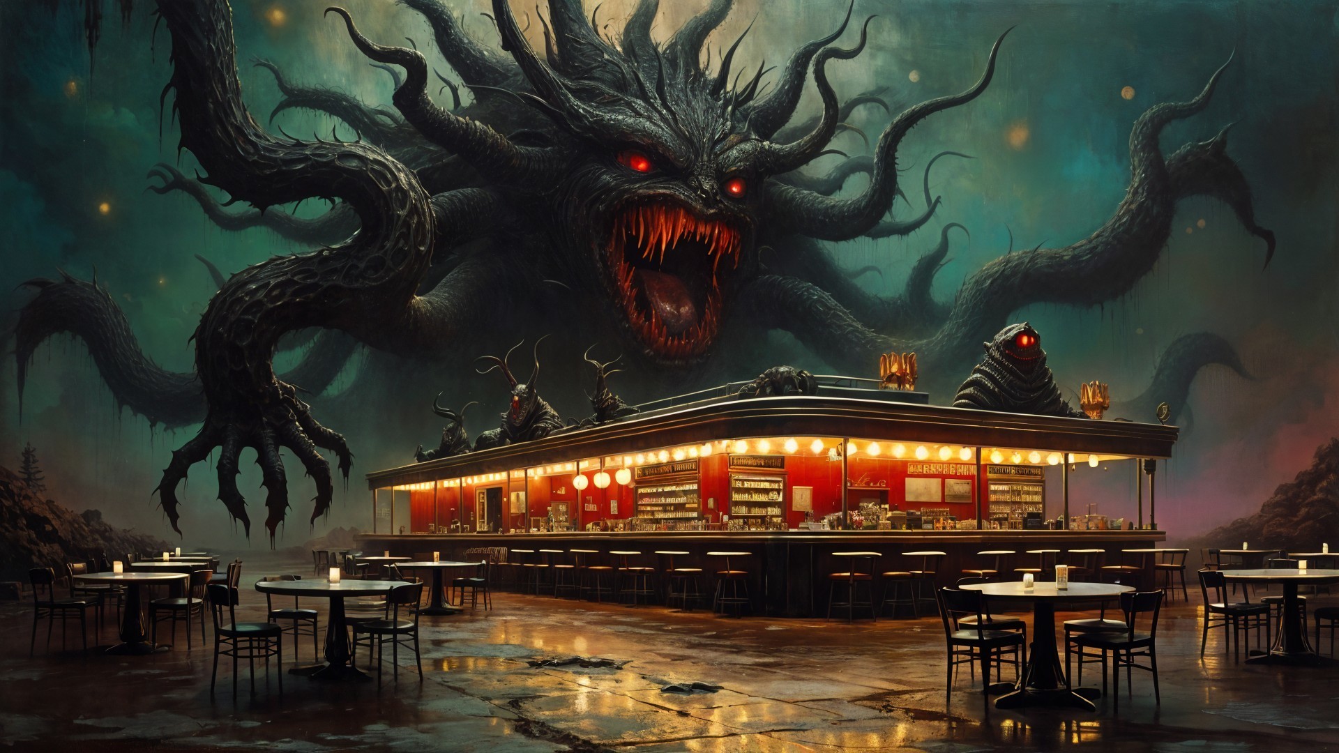 Dark Fantastical Diner with Ominous Tentacled Creature