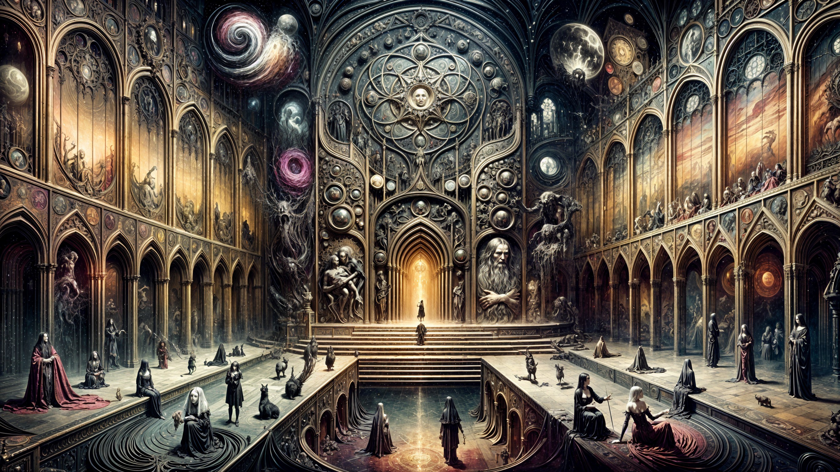 Ethereal Hall with Arches and Cosmic Motifs