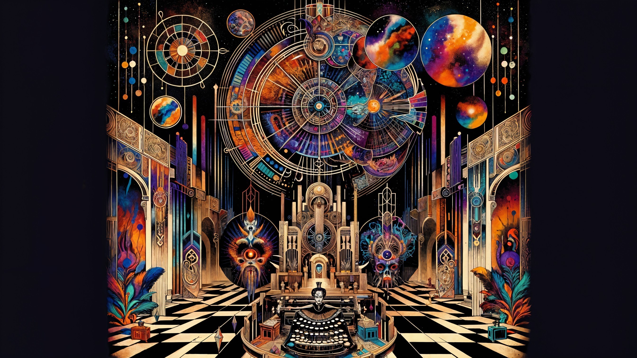 Cosmic Scene with Celestial Clock and Vibrant Planets