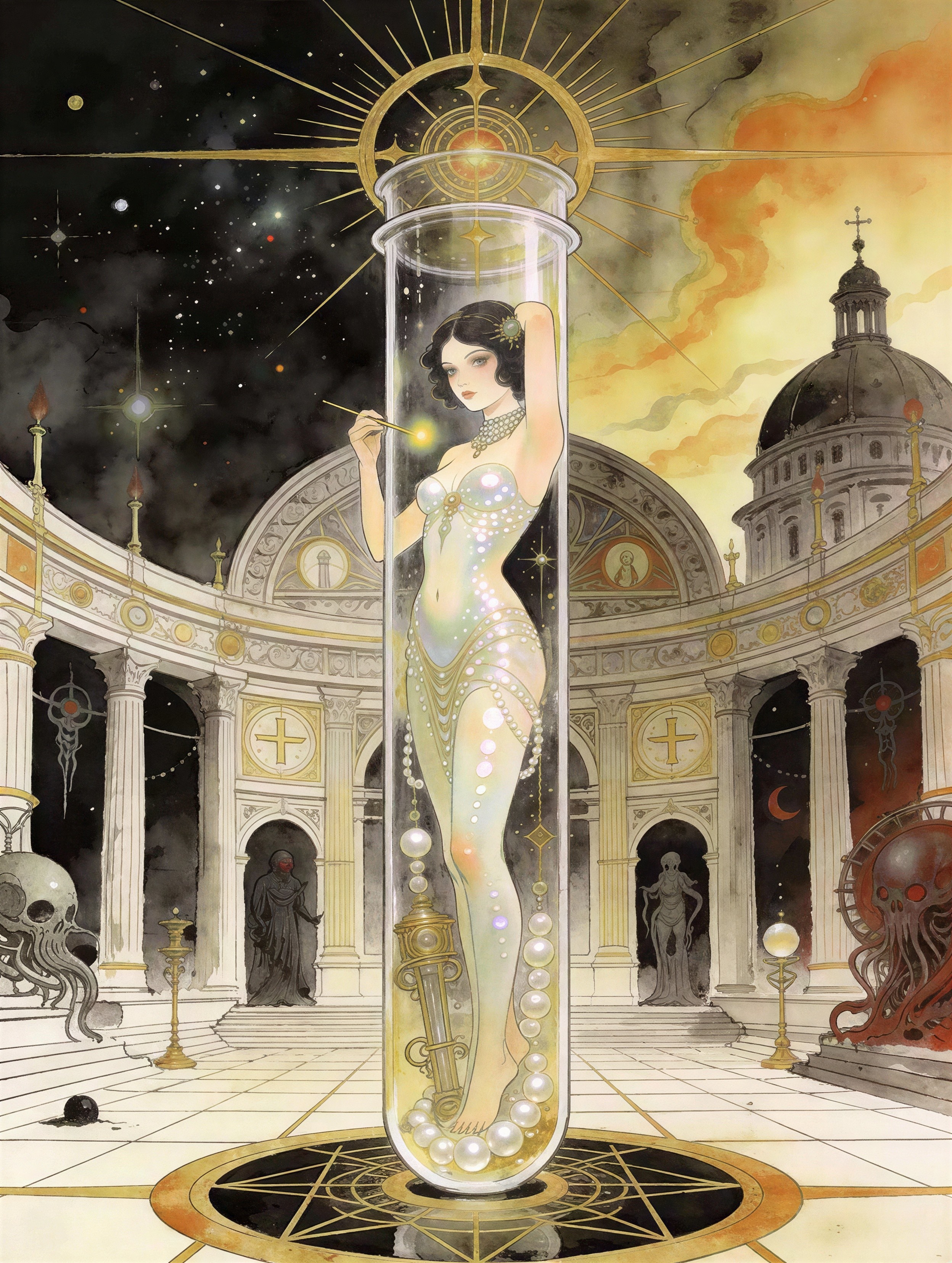 Surreal Painting of Woman in Test Tube with Temple Setting