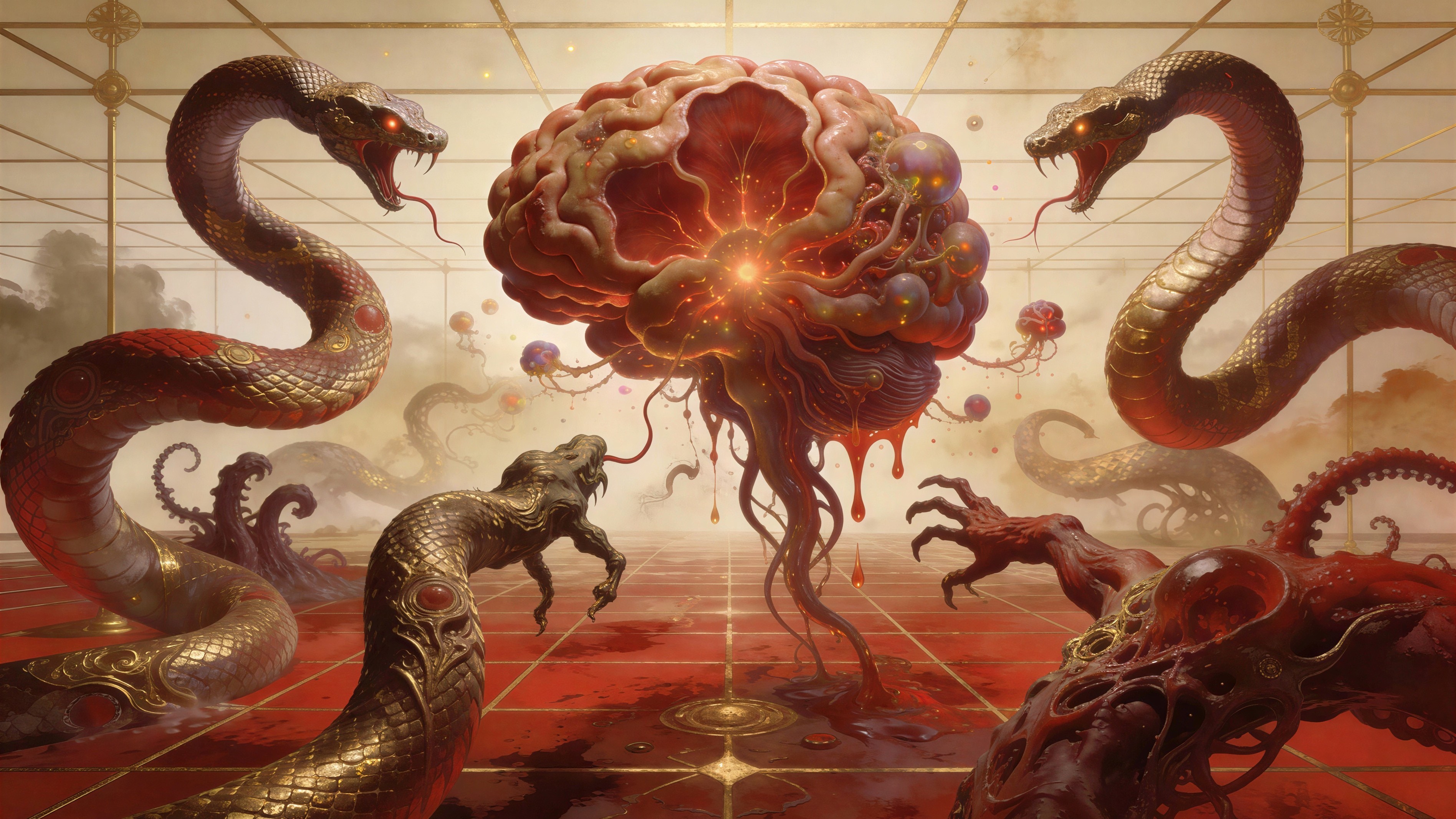 Surreal Digital Painting of a Pulsing Brain and Snakes