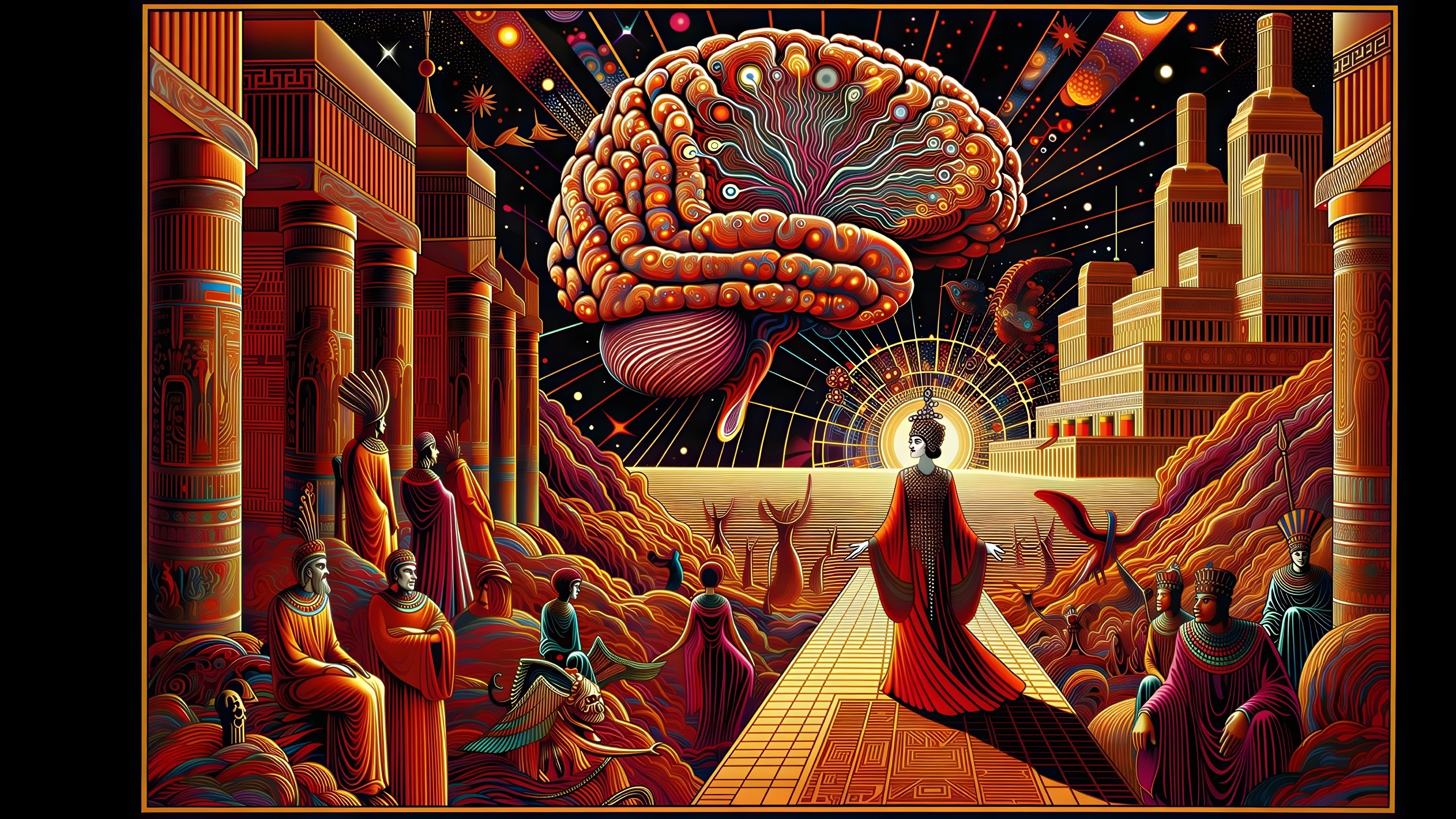 Surreal Digital Painting of Glowing Brain in Cosmic Sky