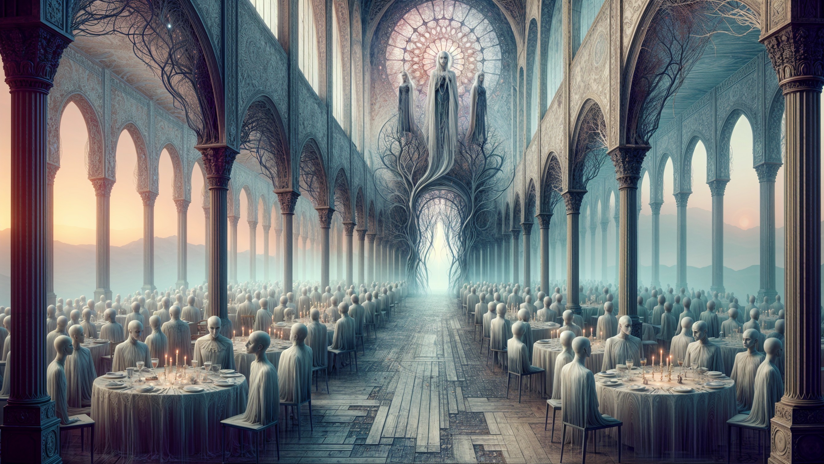 Ethereal Banquet Hall with Stained Glass and Figures