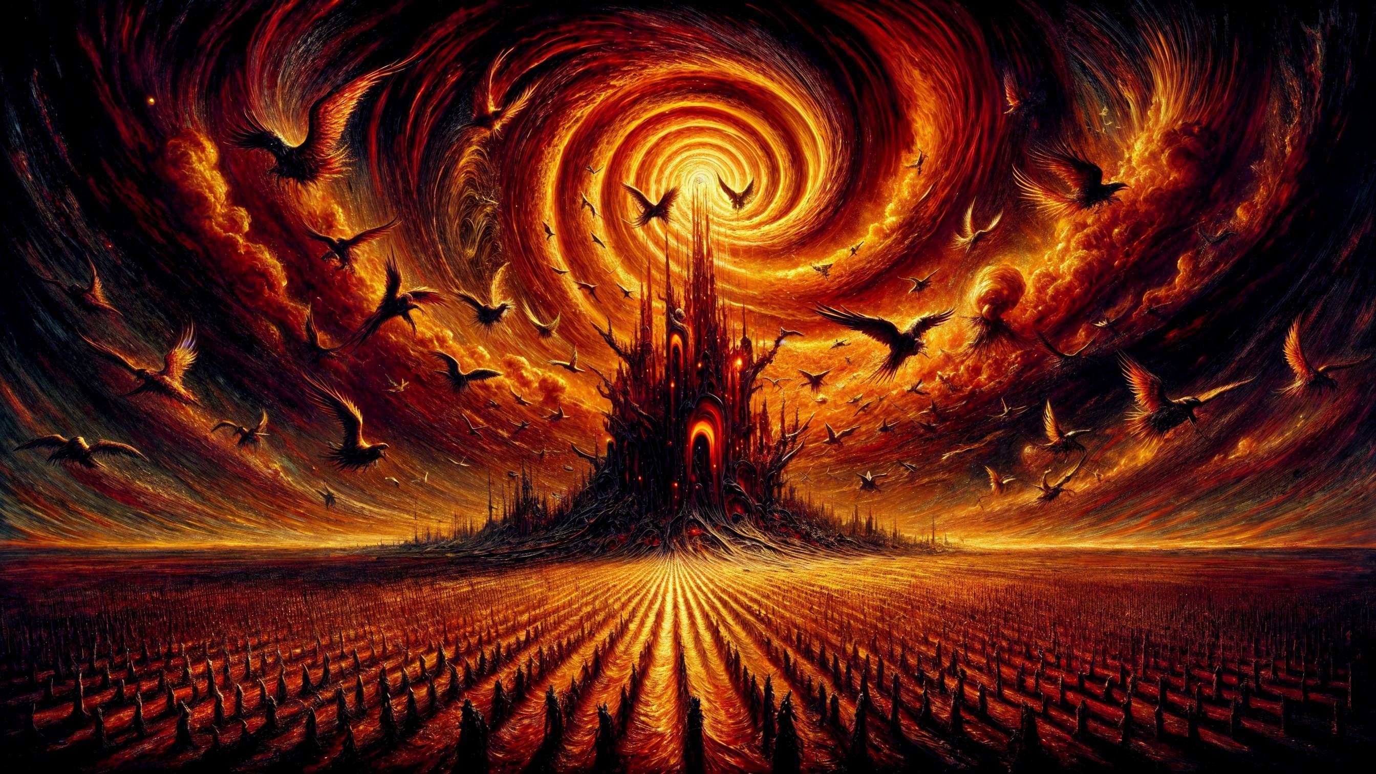 Ominous castle under dark swirling sky with fiery hues
