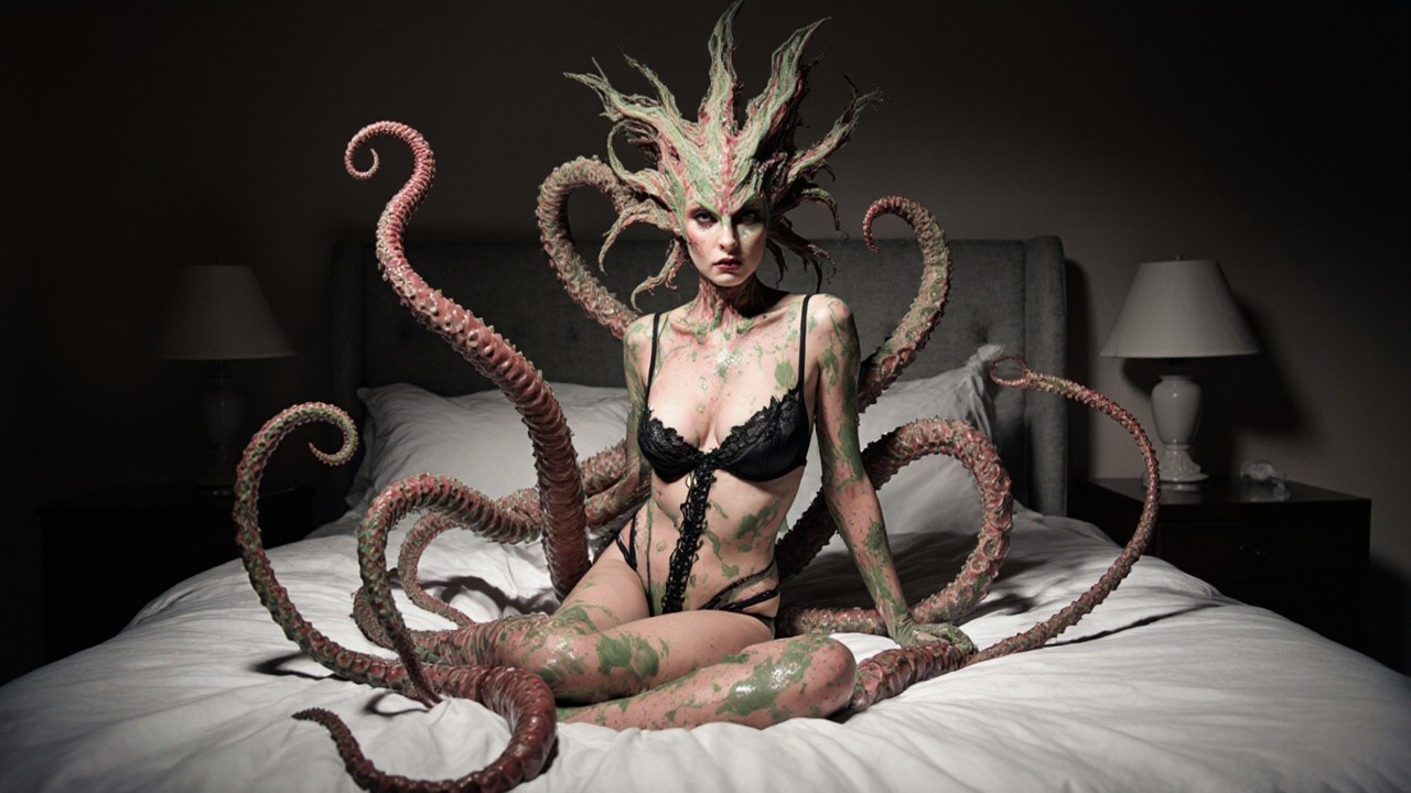 Surreal Figure with Tentacles in Dimly Lit Room