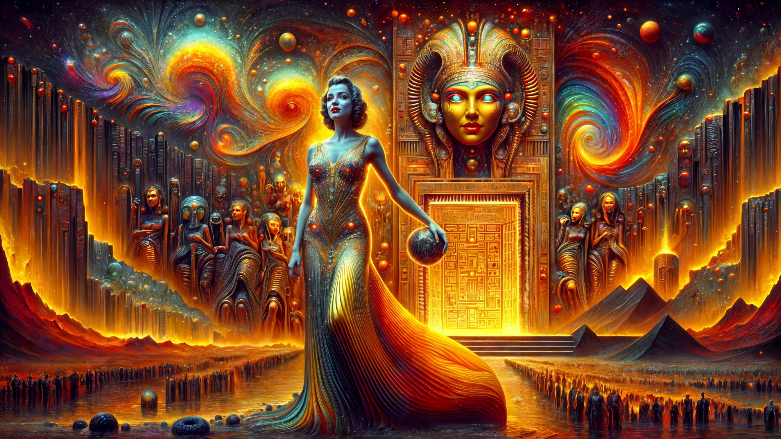 Majestic figure before ornate doorway in mystical scene