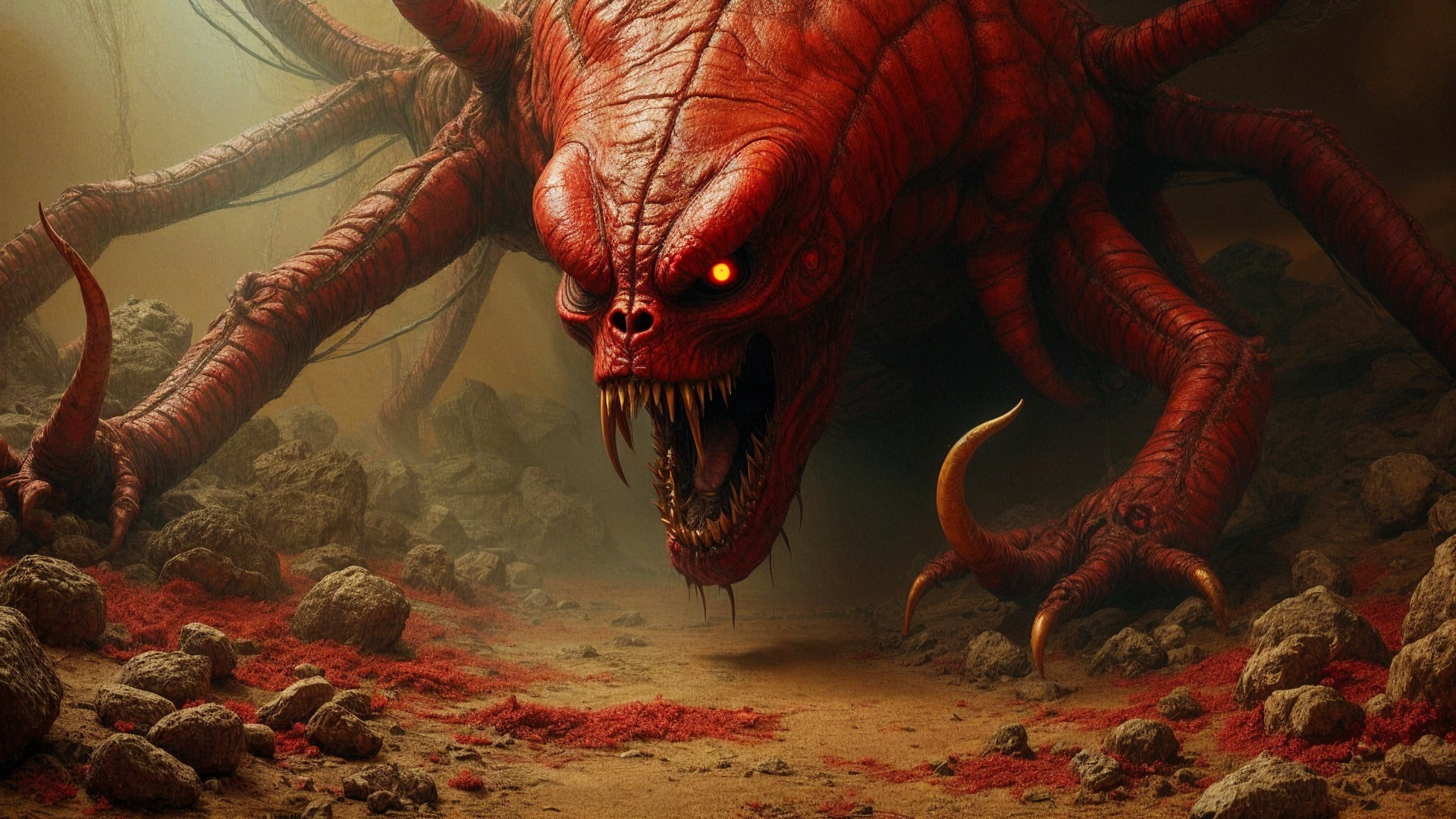 Menacing Red Creature in Dark Rocky Landscape