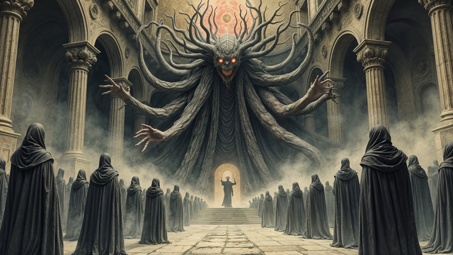 Monstrous Entity in Ancient Hall Surrounded by Worshippers