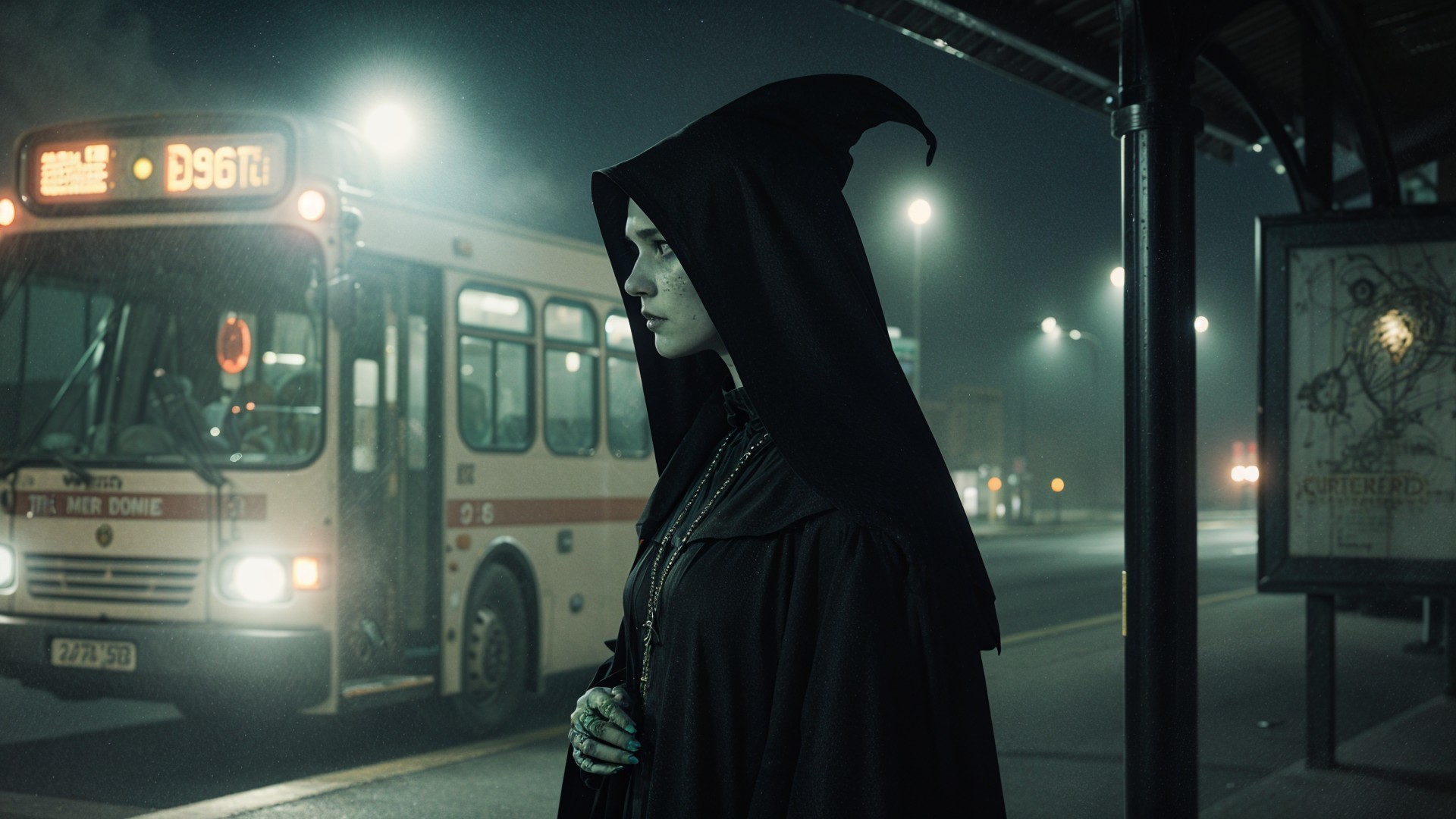 Mysterious Figure at Night Bus Stop with Vintage Bus