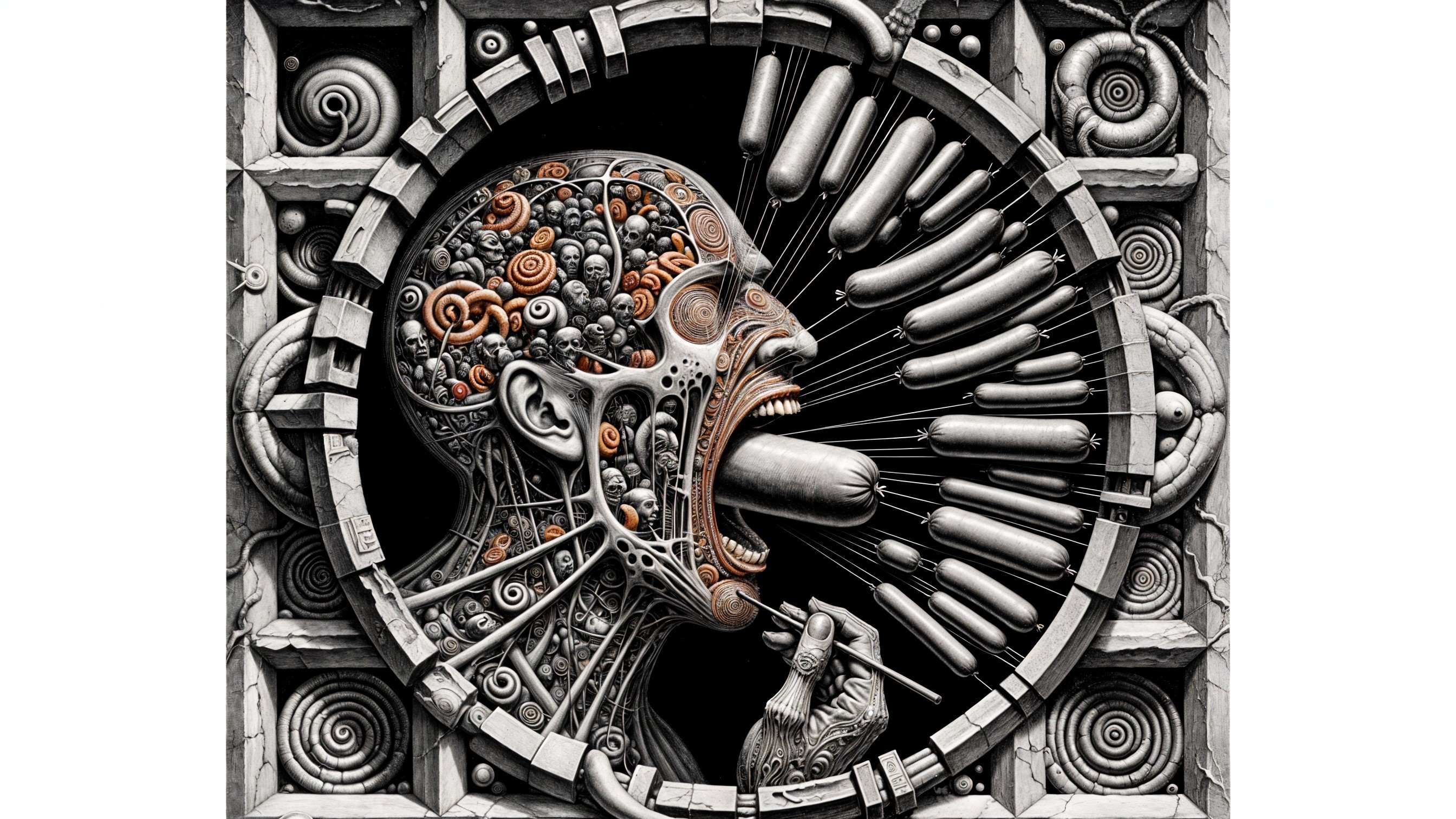 Surreal Human Head with Vibrant Patterns and Mechanics
