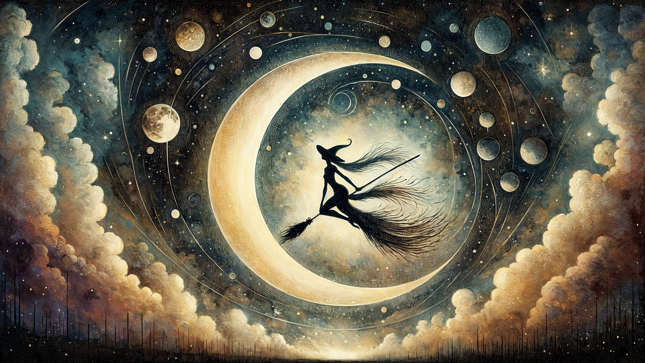 Witch Silhouette on Broomstick Against Crescent Moon