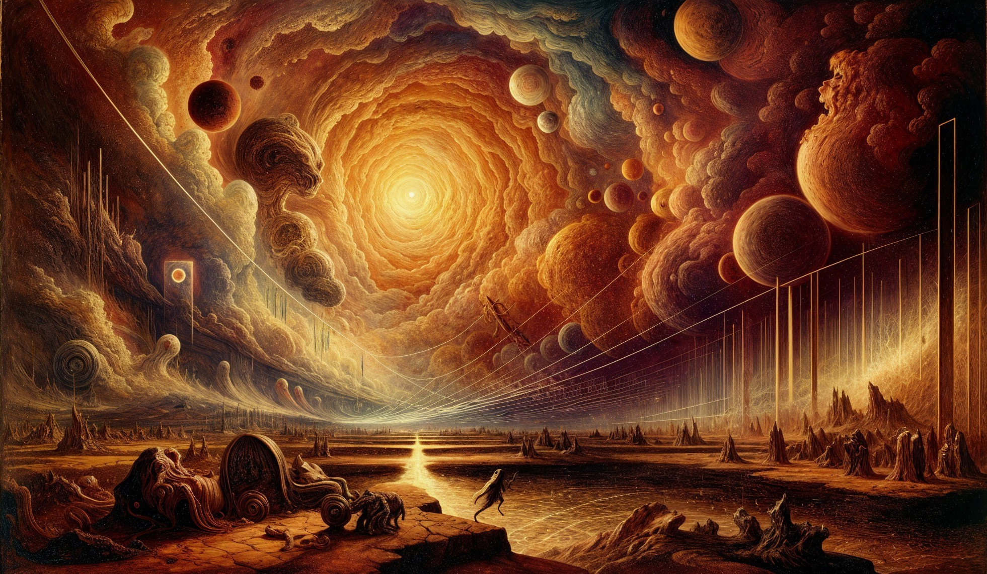 Cosmic Scene with Swirling Galaxies and Planets