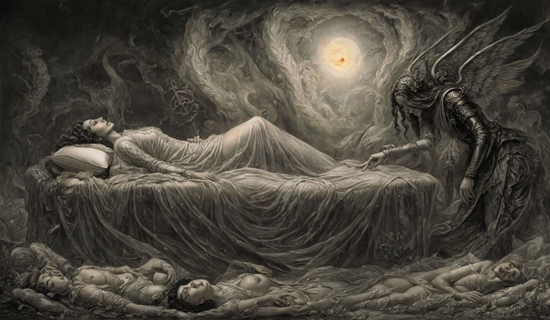 Ethereal Scene with Serene Figure and Winged Being