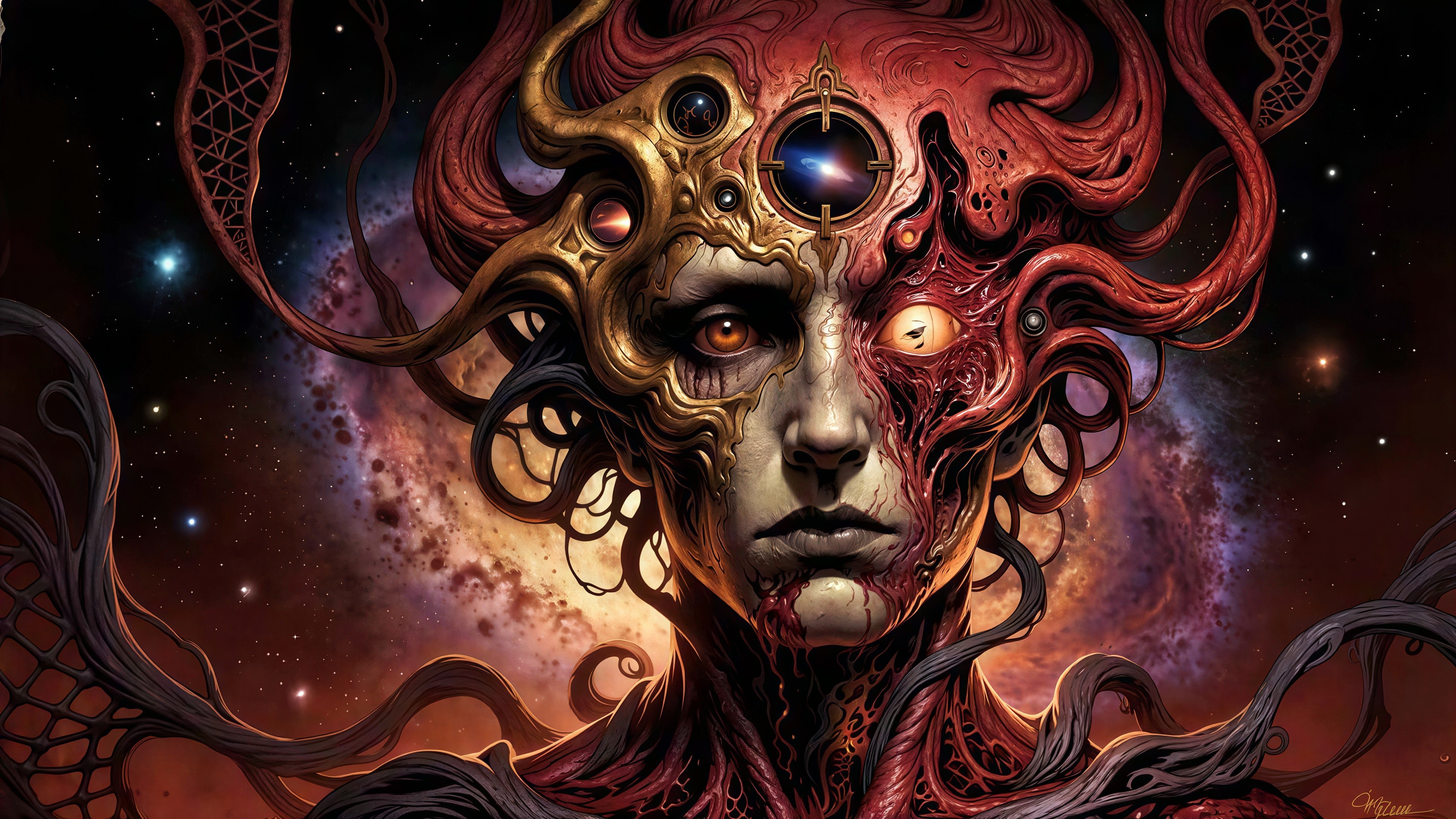 Cosmic Demigod with Divided Face and Unique Hair Design