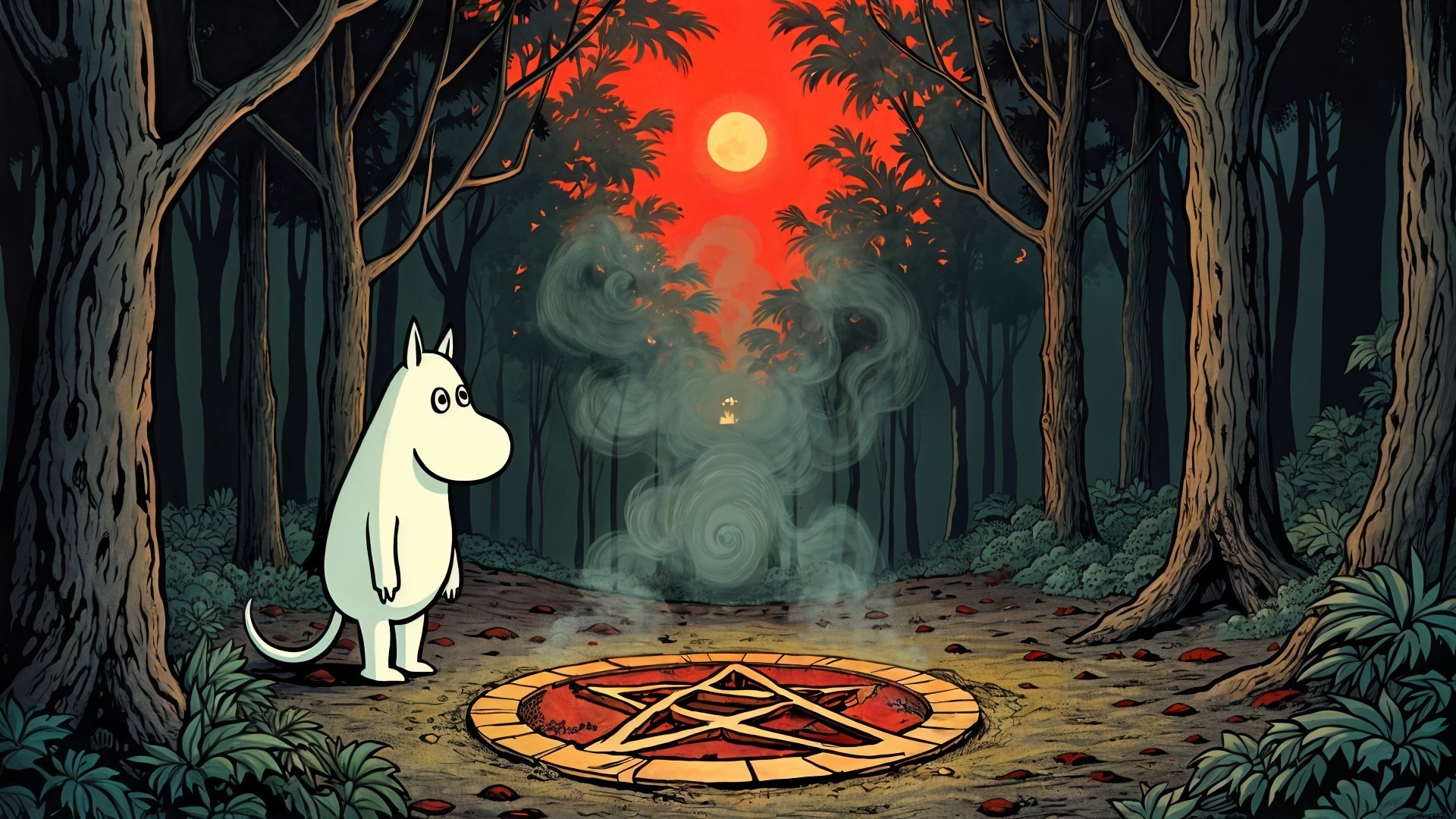 Whimsical Creature by Glowing Pentagram at Twilight