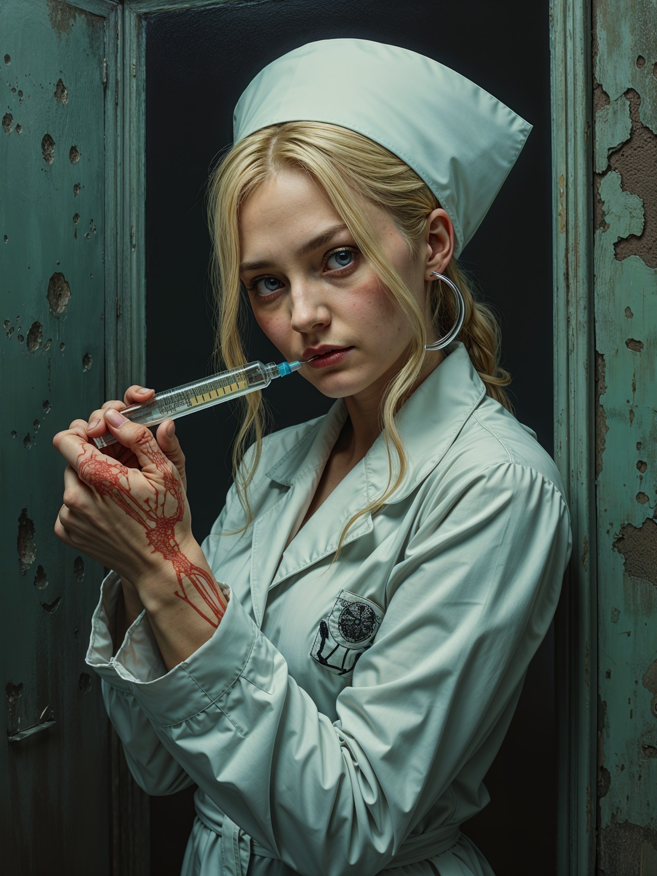 Young woman in vintage nurse uniform with syringe