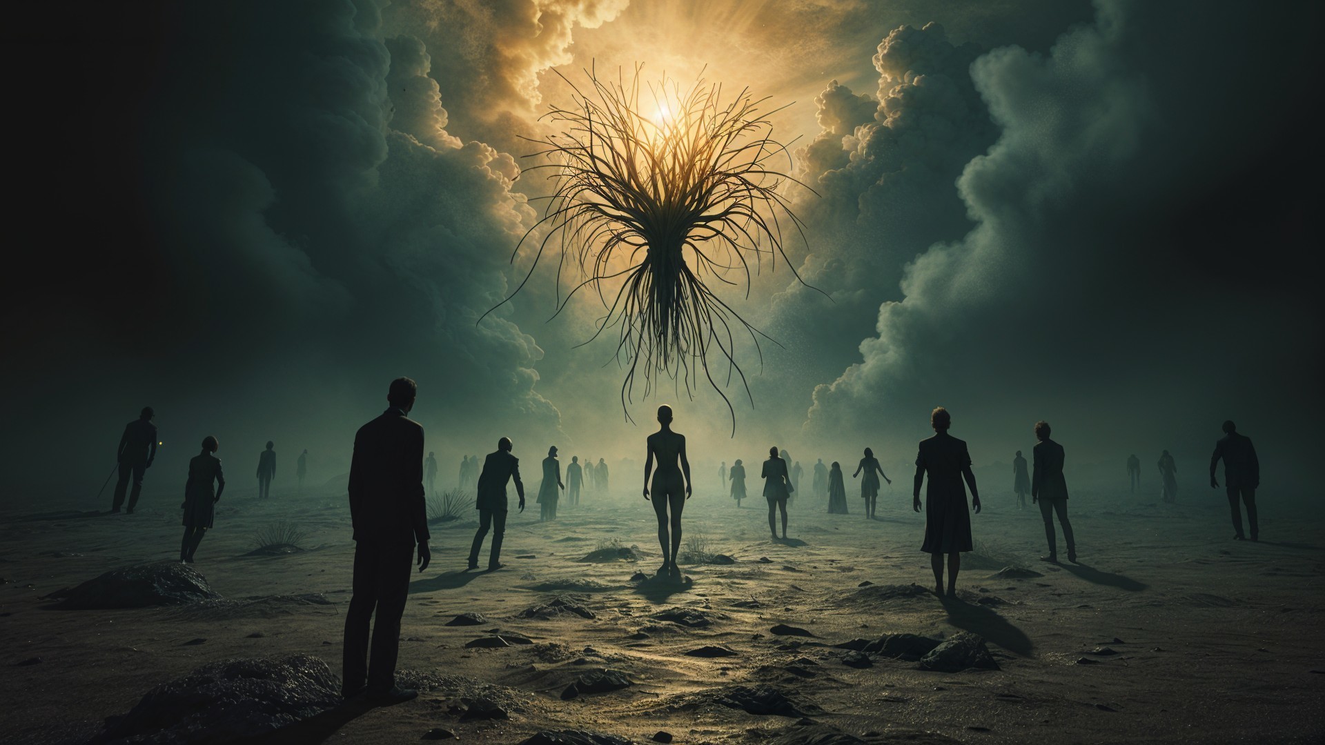 Surreal Landscape with Shadowy Figures and Golden Entity