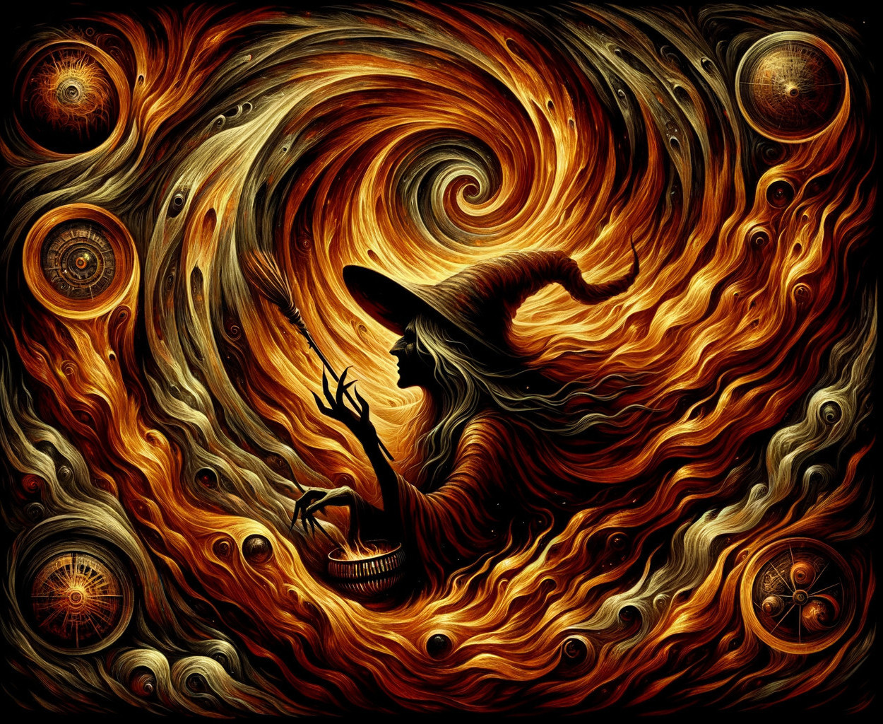 Mystical Witch Silhouette with Fiery Backdrop