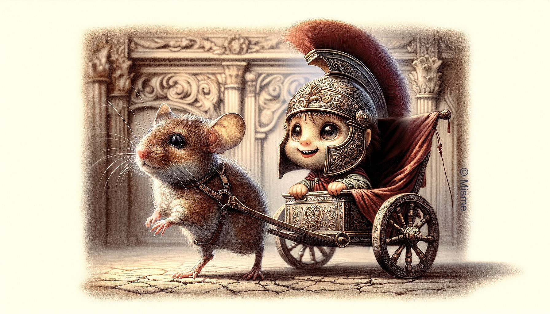 Whimsical Scene of Character in Chariot with Mouse
